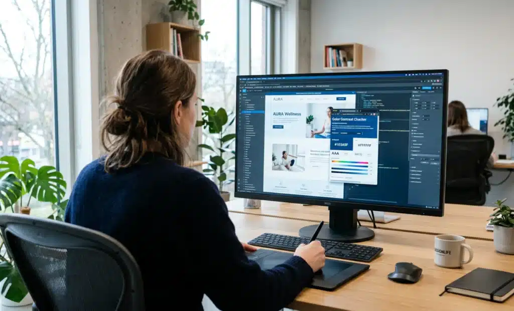 EAA compliance for small businesses: a checklist 1 Web designer adjusting color contrast on a desktop monitor.