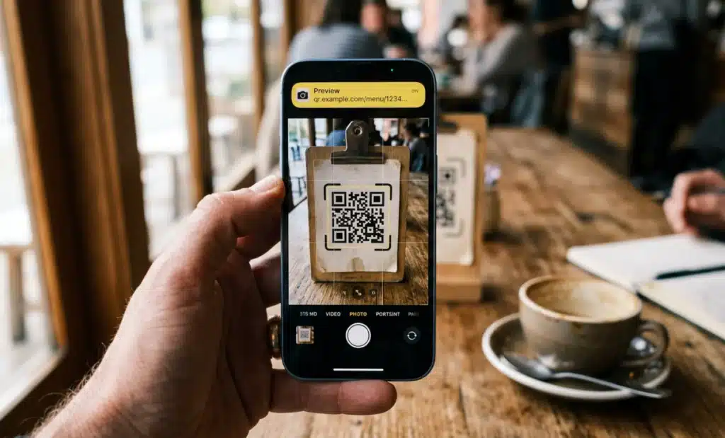 QR code mobile OS breakdown: iOS vs Android in 2026 1 iPhone screen showing the native camera app detecting a QR code with a URL preview banner at the top.