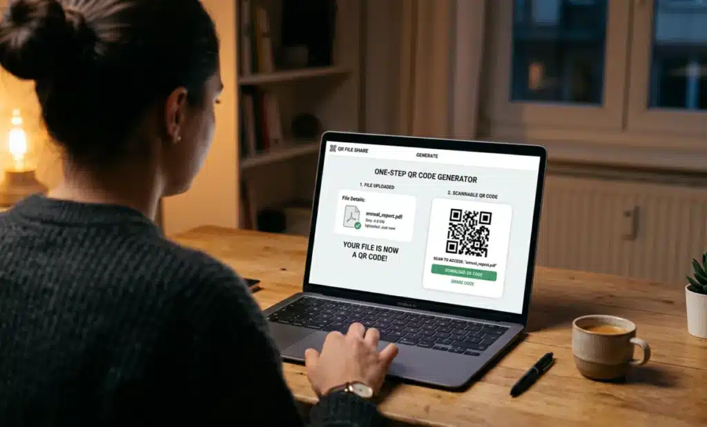 Vibe coding QR codes: how to share AI-generated HTML files 1 A laptop screen showing a QR code generator with a newly created code beside an uploaded file.