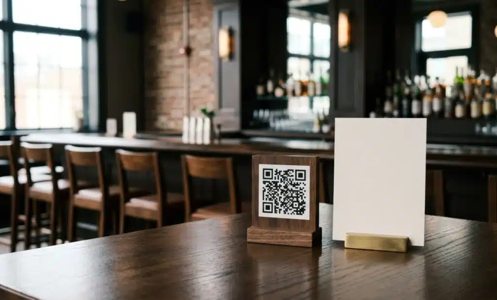 QR codes for FIFA World Cup: ideas for small businesses and restaurants 2 A tidy bar table before opening with a single QR code stand next to a printed alternative.
