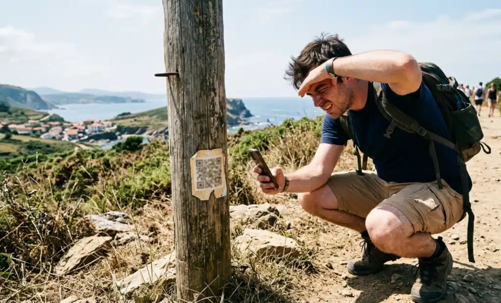 Why use a QR code for excursions and tours during high tourist season? 2 A tourist crouching to reach a small, poorly placed code sticker faded by the sun.