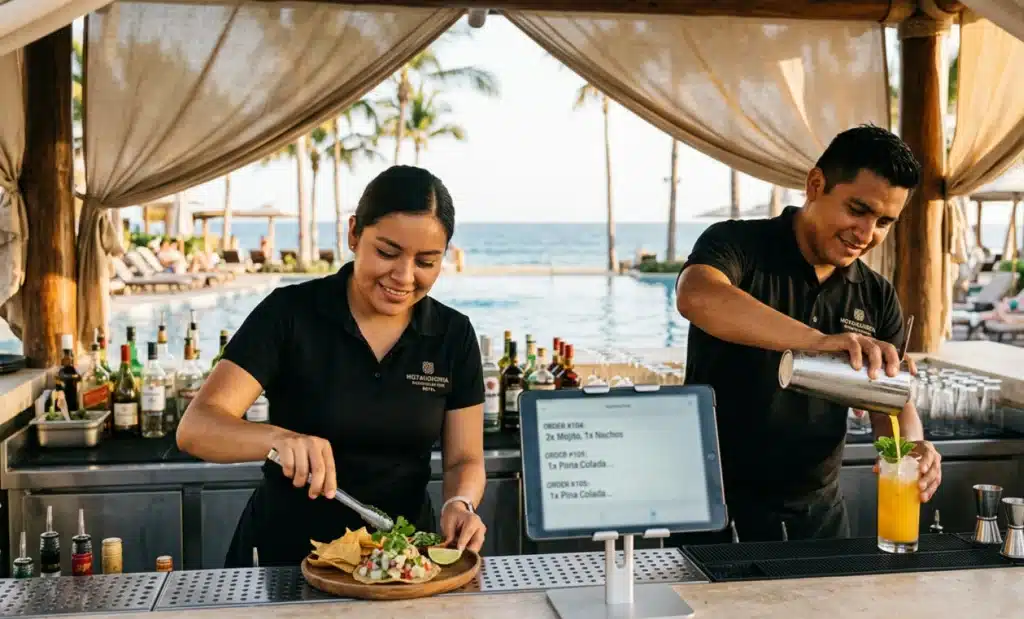 How can a QR code for a swimming pool turn loungers into ordering stations? 2 Pool bar staff fulfilling orders with a tablet showing the incoming order queue.