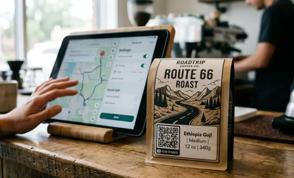 How to add a QR code in your WhatsApp Business catalog 2 Printed coffee bag with a QR code in front of a blurred tablet showing a settings screen