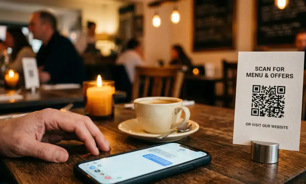 How to add a QR code in your WhatsApp Business catalog 1 Restaurant table card with a QR code beside a phone showing an opened chat conversation.