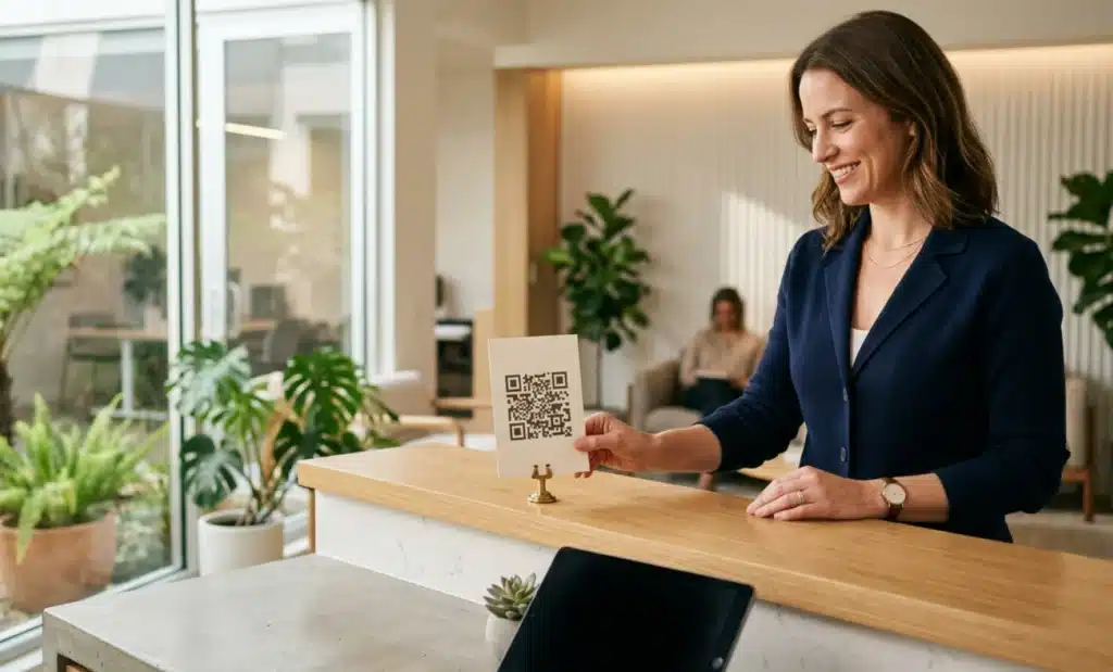 Best QR code generators (2026): tested and compared 1 Business owner placing a QR code stand on a bright reception counter.
