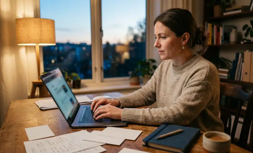 AI QR code analytics: the metrics that matter beyond scan count 2 Content manager updating a knowledge base on a laptop surrounded by handwritten notes