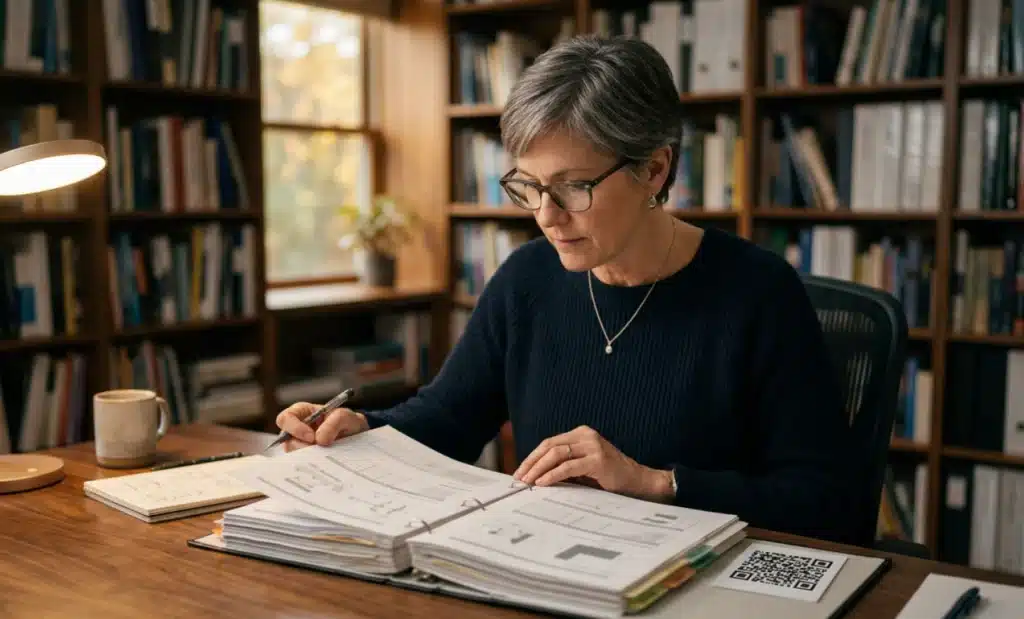 Quiet zone requirements for QR codes: the four-module rule explained 1 Engineer reviewing a technical standards binder next to a printed QR code sample in an office library.