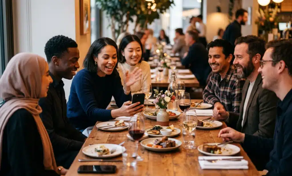 The best QR code generators for restaurants in 2026 1 International diners at a restaurant table, one checking the menu on a phone.