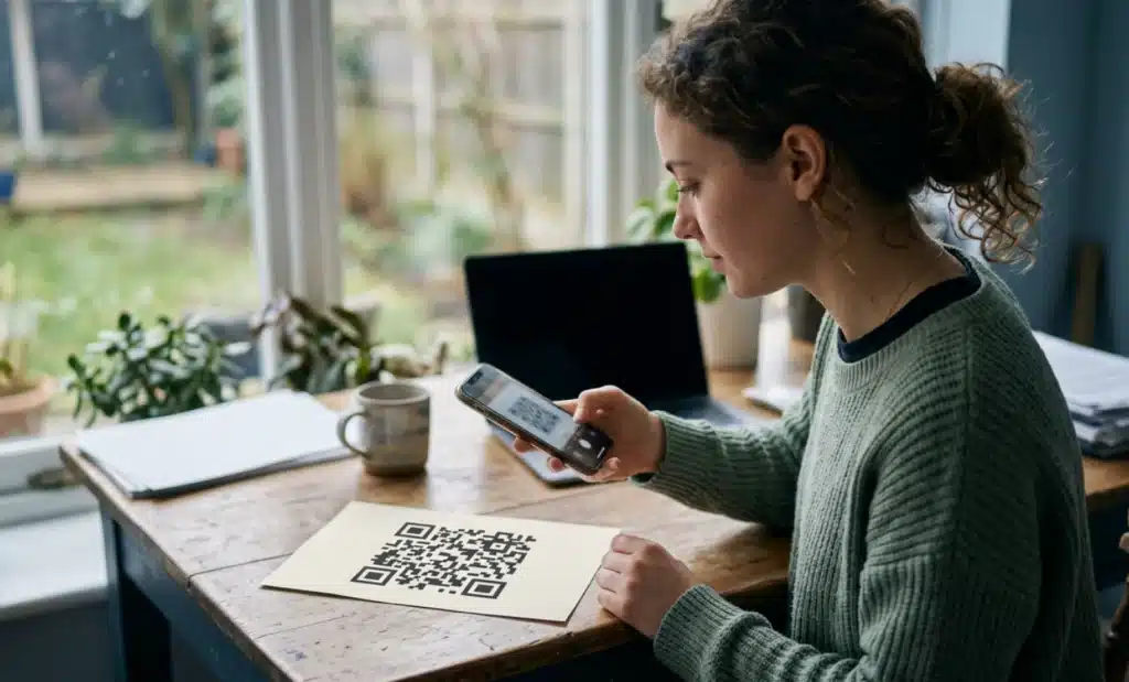 QR code platforms for marketers in 2026: what to look for 2 Marketer testing a printed QR code with a smartphone during a platform trial