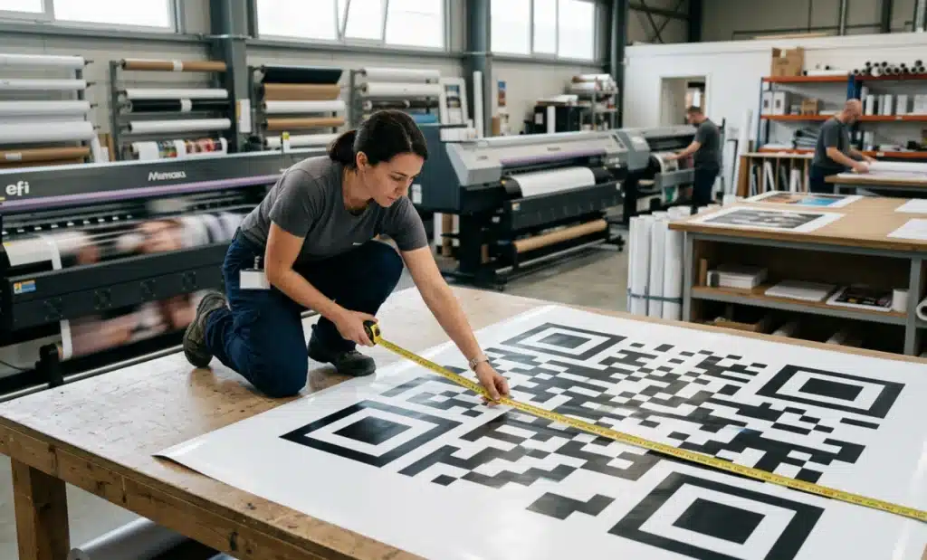 QR code on out-of-home advertising: a playbook 1 Print production worker measuring a large printed QR code panel with a tape measure