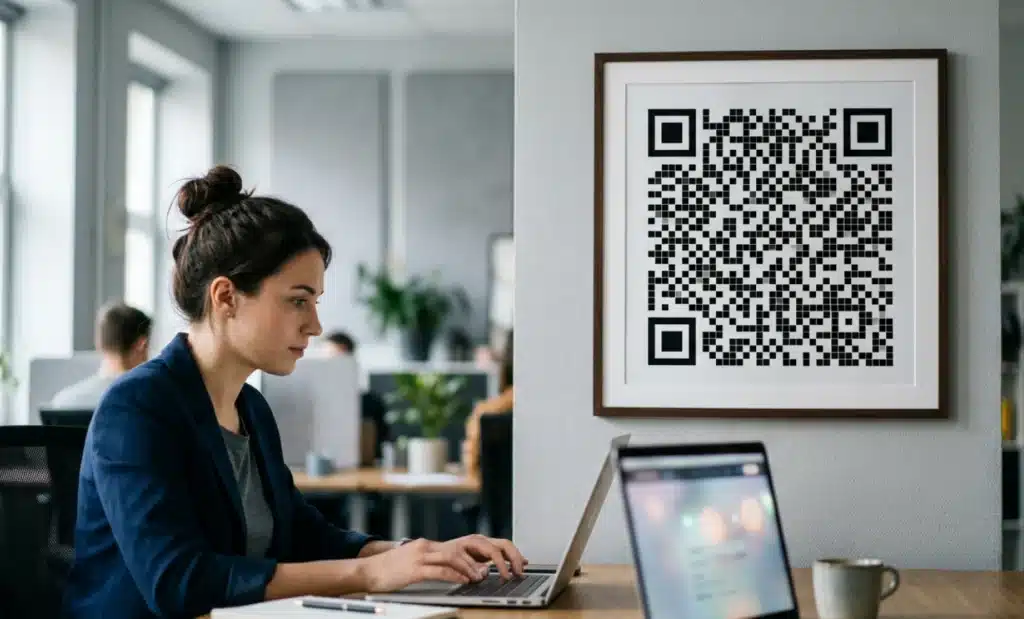QR code platforms for marketers in 2026: what to look for 1 Printed poster with a QR code on a wall while a marketer updates its destination on a laptop